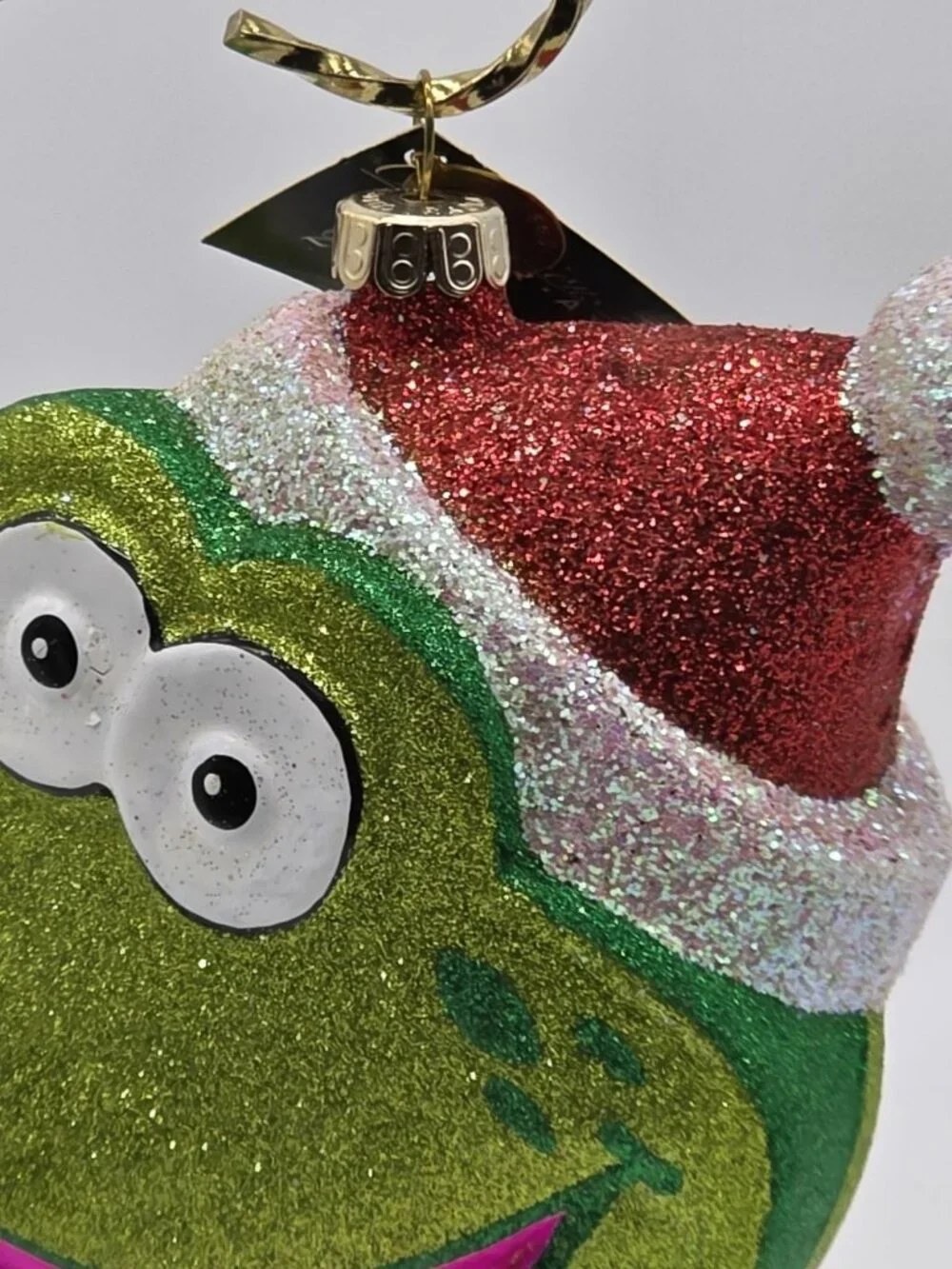 Radko Christmas Ornament Green Glitter Frog Head 25th Anniversary Glass Holiday